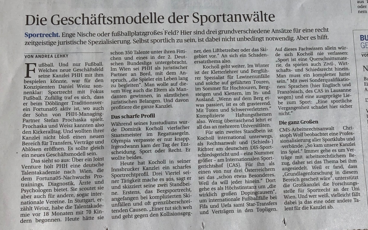 Dr. Dominik Kocholl in DiePresse Die Geschäftsmodelle der Sportanwälte